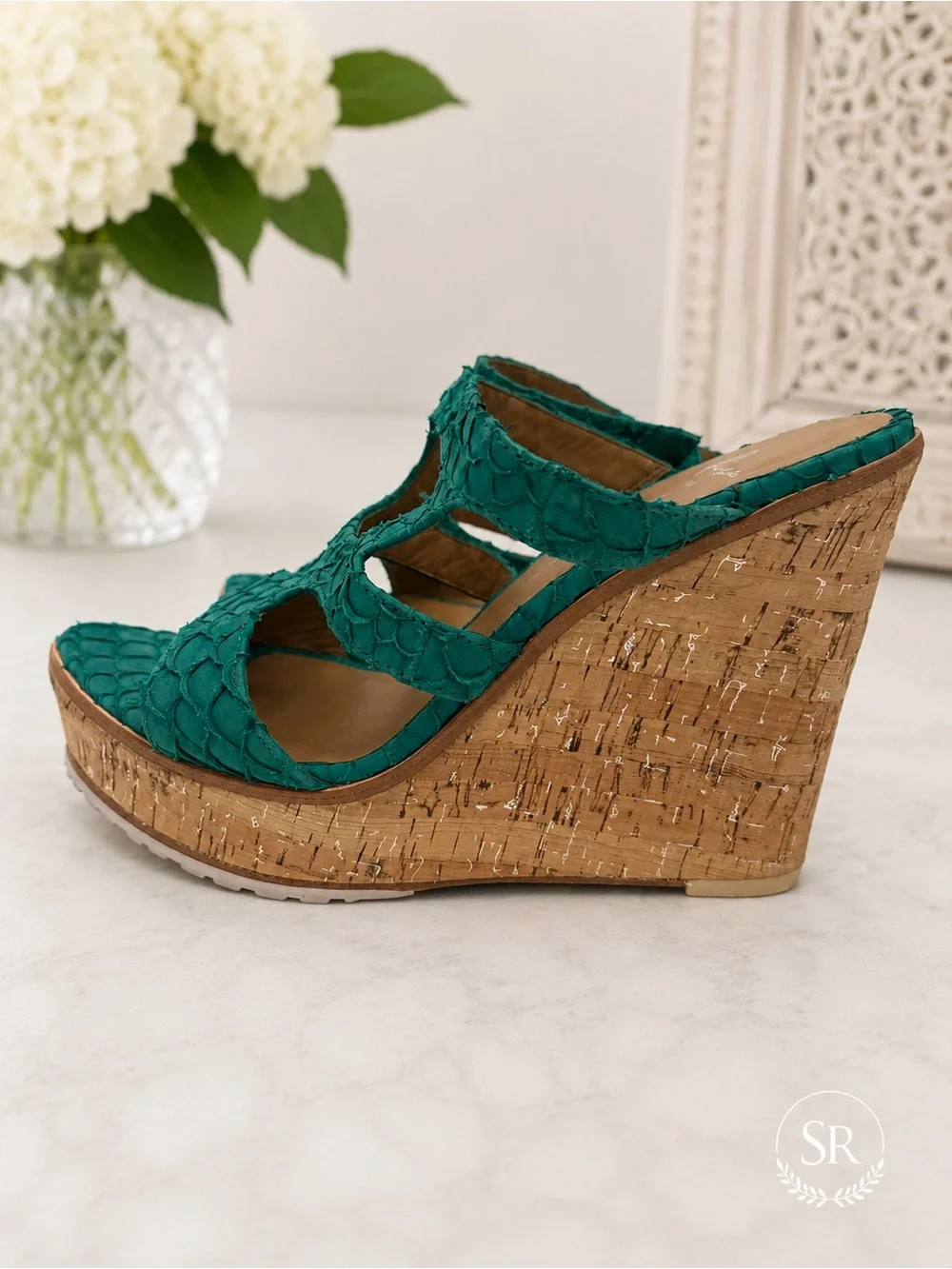 Lisa for Donald J. Pliner Kloe Y2K Wedge Sandals Sz 8 Teal Snakeskin